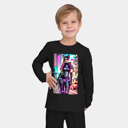 Детская пижама с лонгсливом хлопок Cyberpunk - cat girl - neural network, цвет черный - фото 3