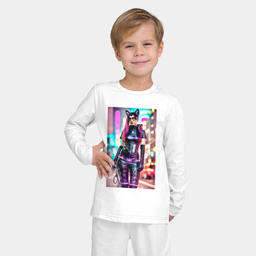 Детская пижама с лонгсливом хлопок с принтом Cyberpunk - cat girl - neural network, фото на моделе #1