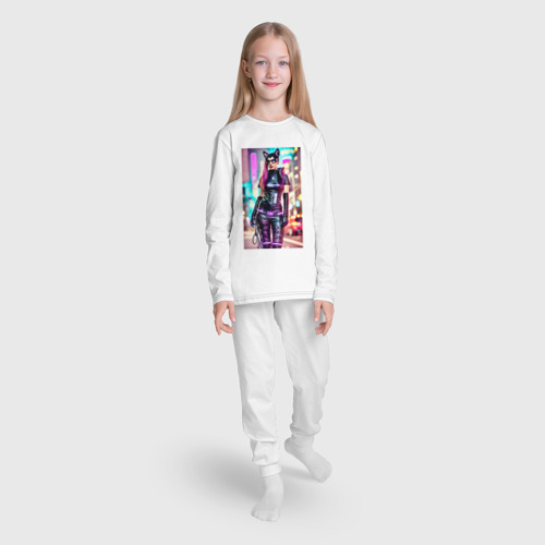 Детская пижама с лонгсливом хлопок с принтом Cyberpunk - cat girl - neural network, вид сбоку #3