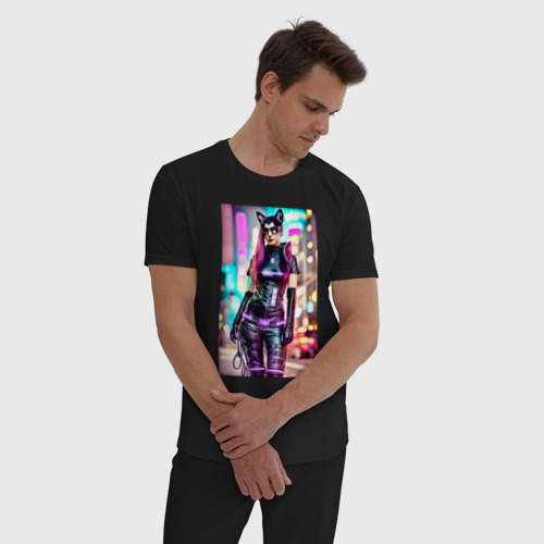 Мужская пижама хлопок Cyberpunk - cat girl - neural network, цвет черный - фото 3