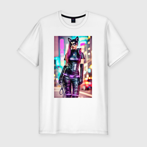 Мужская футболка хлопок Slim с принтом Cyberpunk - cat girl - neural network, вид спереди #2