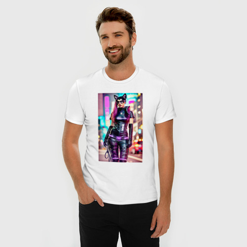 Мужская футболка хлопок Slim с принтом Cyberpunk - cat girl - neural network, фото на моделе #1