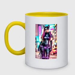 Кружка двухцветная Cyberpunk - cat girl - neural network