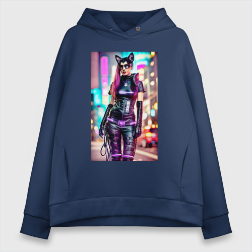 Женское худи Oversize хлопок Cyberpunk - cat girl - neural network, цвет темно-синий