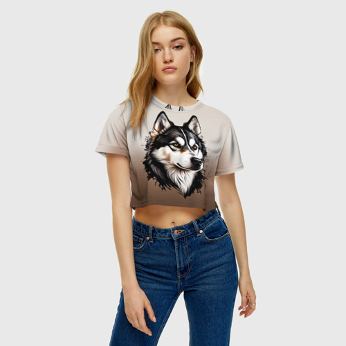 Женская футболка Crop-top 3D Черно-белая собака Хаски - градиент, цвет 3D печать - фото 4