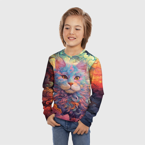Детский лонгслив 3D Цветной кот в облаках, цвет 3D печать - фото 3
