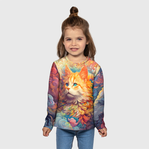 Детский лонгслив 3D Рыжий кот в цветных облаках, цвет 3D печать - фото 5