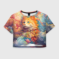 Женская футболка Crop-top 3D Рыжий кот в цветных облаках