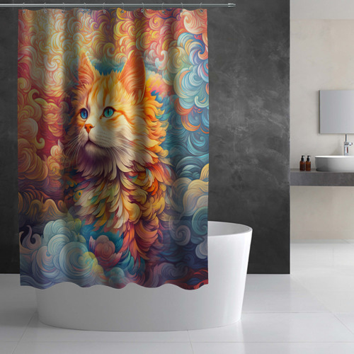 Штора 3D для ванной Рыжий кот в цветных облаках - фото 3