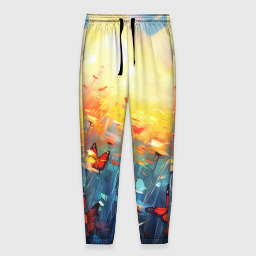 Мужские брюки 3D с принтом Бабочки  на лугу, вид спереди #2