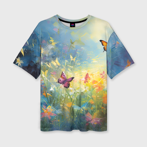 Женская футболка oversize 3D Лето и бабочки, цвет 3D печать