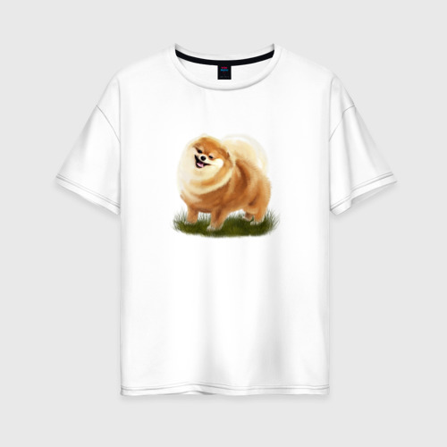 Женская футболка из хлопка оверсайз с принтом Смешной шпиц, собака с языком, вид спереди №1