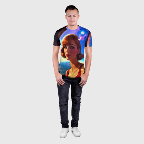 Мужская футболка 3D Slim с принтом Девушка в спиральном тоннеле, вид сбоку #3