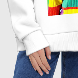 Худи с принтом Мишутка в пэчворк свитере - поп-арт ai для женщины, вид на модели спереди №6. Цвет основы: белый