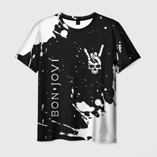 Мужская футболка с принтом Bon Jovi и рок символ на темном фоне, вид спереди №1