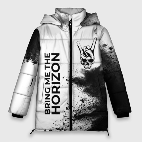 Женская зимняя куртка 3D с принтом Bring Me the Horizon и рок символ на светлом фоне, вид спереди #2
