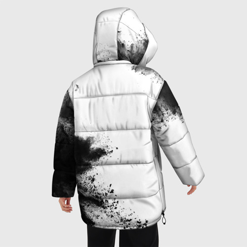 Женская зимняя куртка 3D с принтом Bring Me the Horizon и рок символ на светлом фоне, вид сзади #2