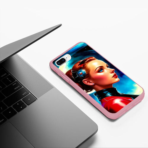Чехол для iPhone 7Plus/8 Plus матовый Девушка связист в космосе - пинап, цвет баблгам - фото 5
