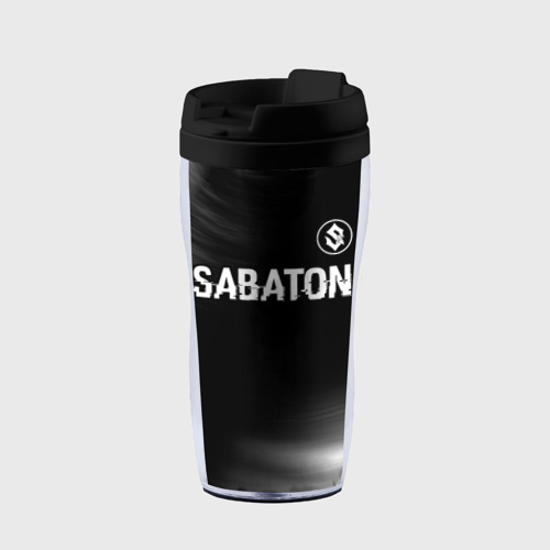 Термокружка-непроливайка Sabaton glitch на темном фоне: символ сверху