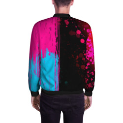 Бомбер с принтом Paramore - neon gradient: по-вертикали для мужчины, вид на модели сзади №2. Цвет основы: черный