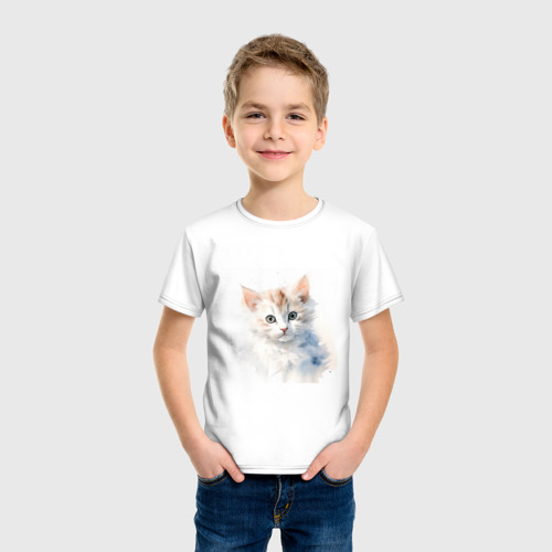 Детская футболка хлопок с принтом Котенок акварель иллюстрация, фото на моделе #1