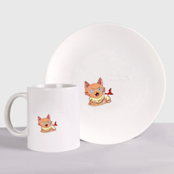Набор: тарелка + кружка Котик с грибом мем