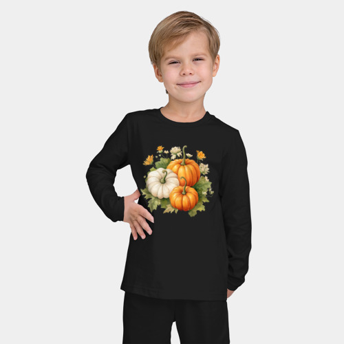 Детская пижама с лонгсливом хлопок Тыквы акварель иллюстрация, цвет черный - фото 3