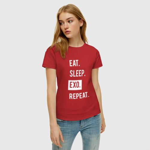 Женская футболка хлопок Eat Sleep Exo Repeat, цвет красный - фото 3