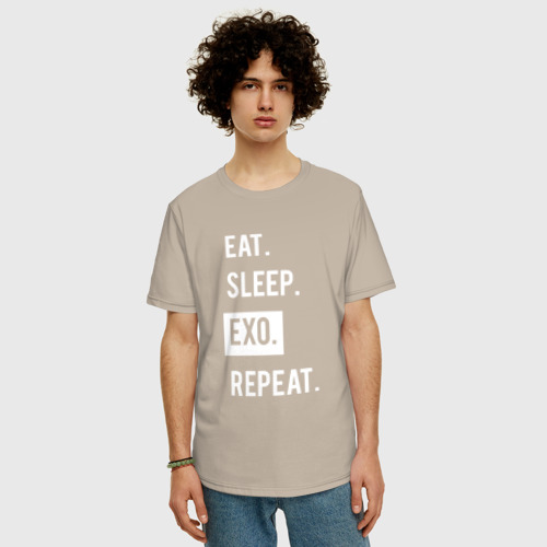 Мужская футболка хлопок Oversize Eat Sleep Exo Repeat, цвет миндальный - фото 3