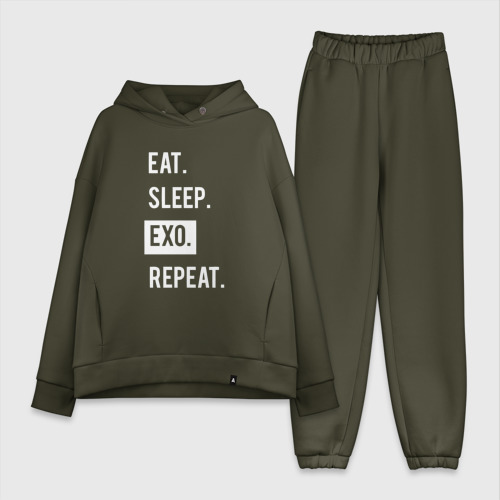 Женский костюм хлопок Oversize с принтом Eat Sleep EXO Repeat, вид спереди #2