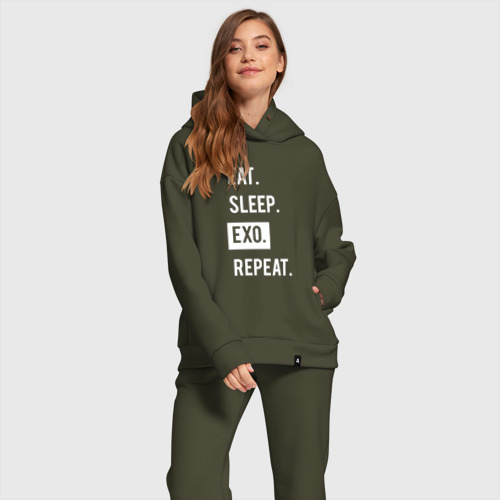 Женский костюм хлопок Oversize с принтом Eat Sleep EXO Repeat, фото на моделе #1