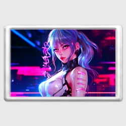Магнит 45*70 Кибер-девушка неон аниме фиолетовые волосы
