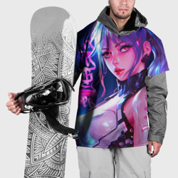 Накидка на куртку 3D Кибер-девушка неон аниме фиолетовые волосы