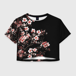 Женская футболка Crop-top 3D Цветущая сакура - белые и красные