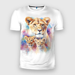 Мужская футболка 3D Slim Львица мама с двумя львятами