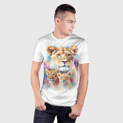 Мужская футболка 3D Slim Львица мама с двумя львятами - фото 2