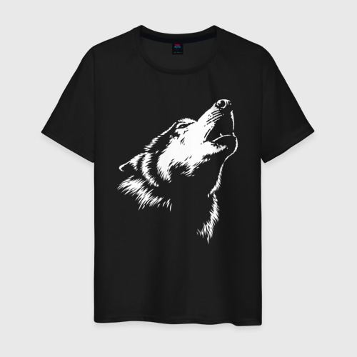 Мужская футболка хлопок с принтом Волк воет, вид спереди #2