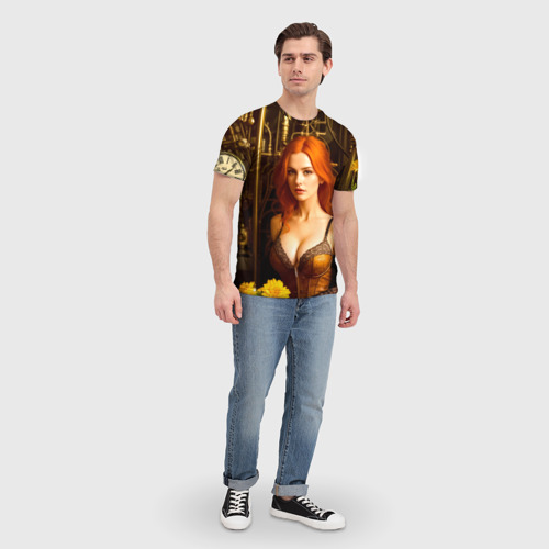 Мужская футболка 3D с принтом Девушка с ретро флорариумом, вид сбоку #3