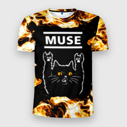 Мужская футболка 3D Slim Muse рок кот и огонь