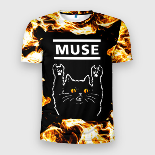 Мужская футболка 3D Slim Muse рок кот и огонь, цвет 3D печать