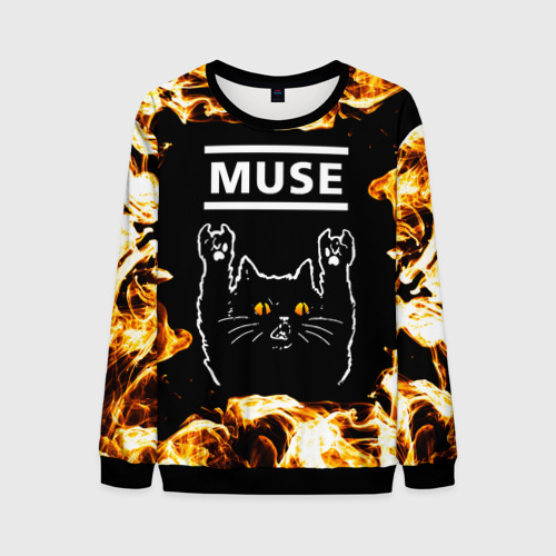 Мужской свитшот 3D Muse рок кот и огонь, цвет черный