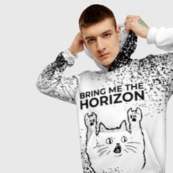 Толстовка с принтом Bring Me the Horizon рок кот на светлом фоне для мужчины, вид на модели спереди №3. Цвет основы: белый