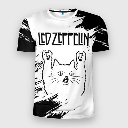 Мужская футболка 3D Slim с принтом Led Zeppelin рок кот на светлом фоне, вид спереди #2
