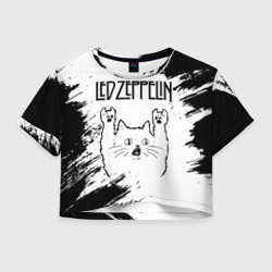 Женская футболка Crop-top 3D Led Zeppelin рок кот на светлом фоне