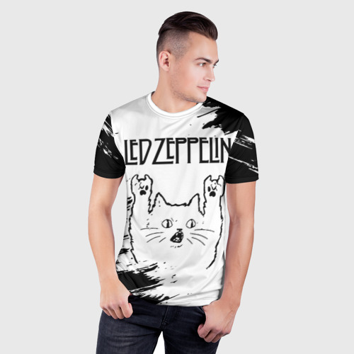 Мужская футболка 3D Slim с принтом Led Zeppelin рок кот на светлом фоне, фото на моделе #1