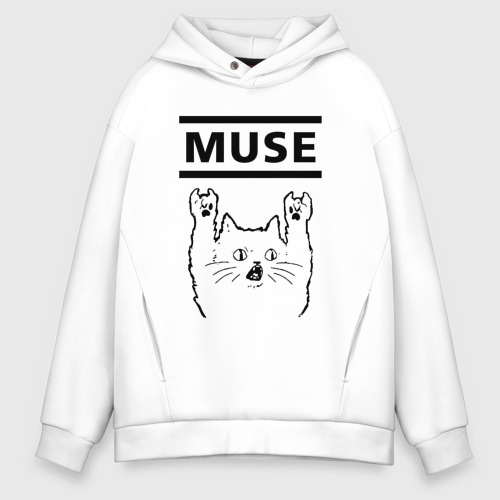 Мужское худи Oversize хлопок Muse - rock cat, цвет белый