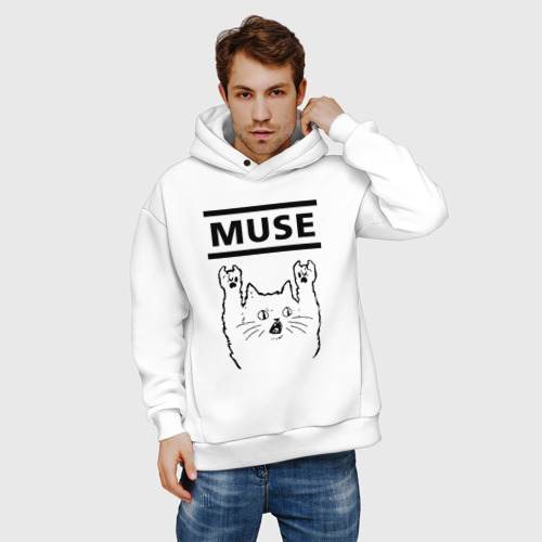 Мужское худи Oversize хлопок Muse - rock cat, цвет белый - фото 3