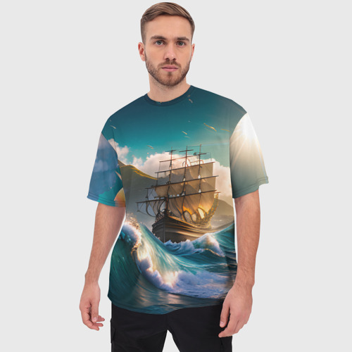 Мужская футболка oversize 3D Корабль и Солнце, цвет 3D печать - фото 3