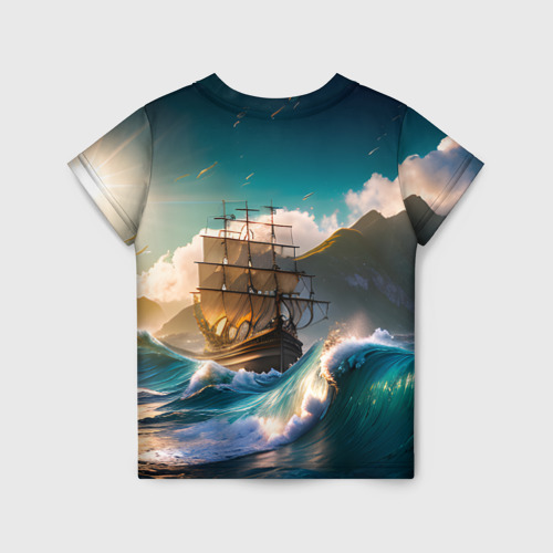 Детская футболка 3D с принтом Корабль и Солнце, вид сзади #1