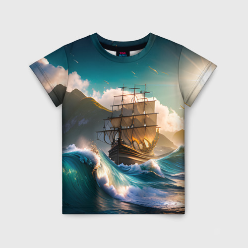 Детская футболка 3D с принтом Корабль и Солнце, вид спереди #2